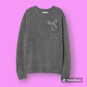 H&M Grey Knit Sweater Bejeweled Rhinestone Beaded Bow Embellishment Size Large